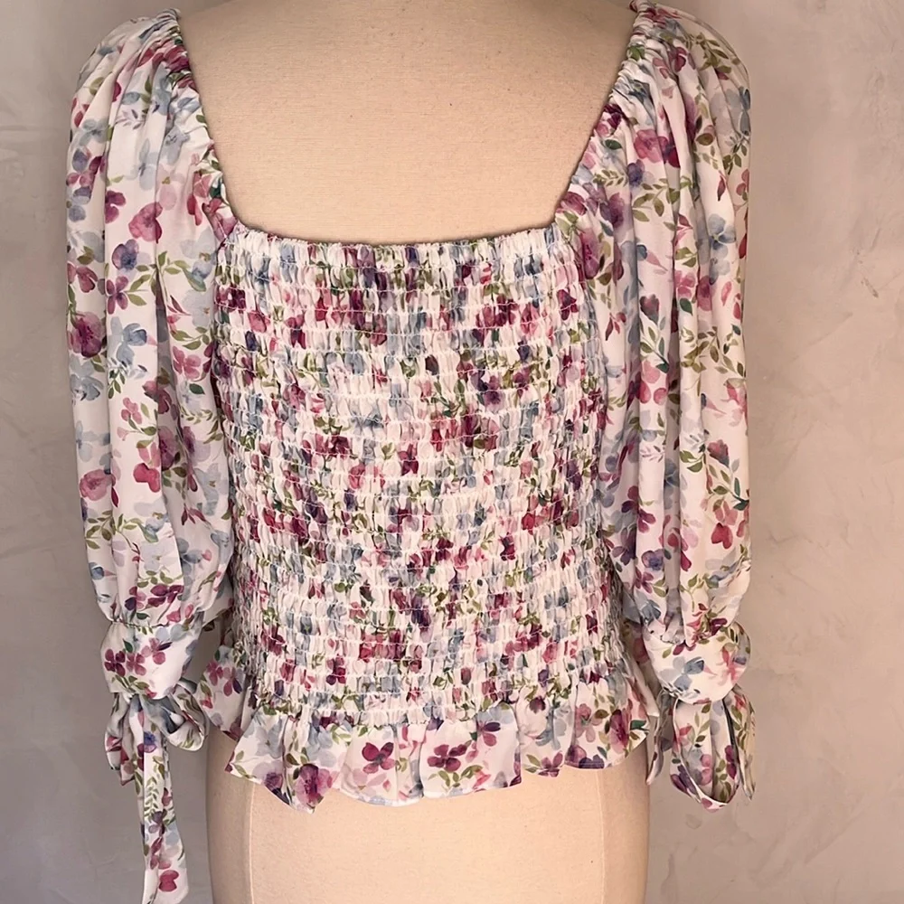 Fashion To Figure White,pink,blue,purple & green Floral Top w/tie sleeves - Picture 6 of 16